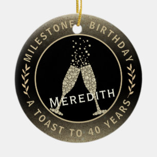 Ornamento De Cerâmica  aniversário de 40 anos Champagne Toast Name Doura
