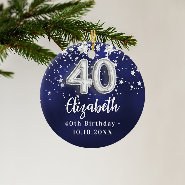 Ornamento De Cerâmica aniversário de 40 anos marinho estrelas prateadas  (Criador carregado)