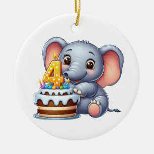 Ornamento De Cerâmica Aniversário de 4 anos do Elefante Fofo