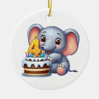 Ornamento De Cerâmica Aniversário de 4 anos do Elefante Fofo
