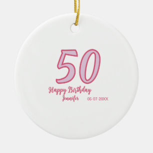Ornamento De Cerâmica aniversário de 50 anos rosa roxo nome simples mini