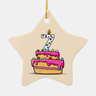 Ornamento De Cerâmica Aniversário de 7 anos de menina, 7 em Bolo Rosa Do