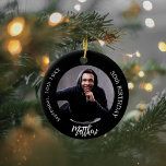 Ornamento De Cerâmica Aniversário de cara personalizado branco preto<br><div class="desc">Um clássico fundo negro. Personalize e adicione um nome,  data,  idade e foto.</div>