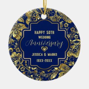 Ornamento De Cerâmica Aniversário de Casamento Azul e Dourado