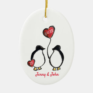Ornamento De Cerâmica Aniversário de casamento da 25 de pinguim