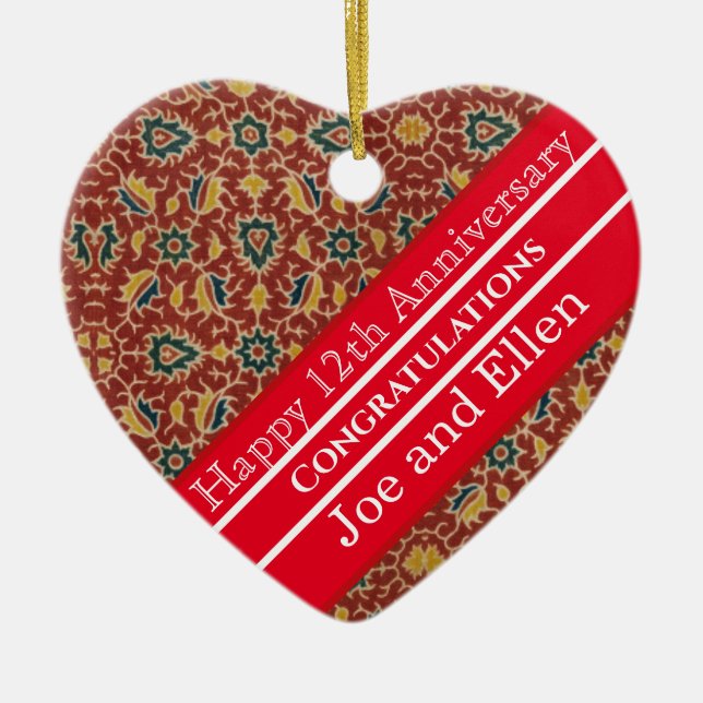 Ornamento De Cerâmica Aniversário de Casamento de 12, Aniversário da Sed (Frente)