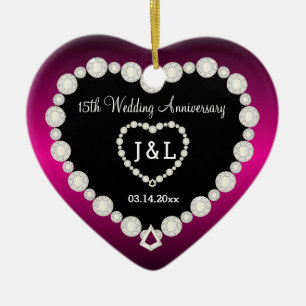 Ornamento De Cerâmica Aniversário de casamento de Fuchsia e Faux Diaman