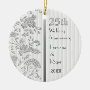 Ornamento De Cerâmica Aniversário de Casamento do Silver Floral Elegance
