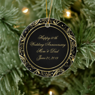 Ornamento De Cerâmica Aniversário de casamento Dourado preto do Flouris