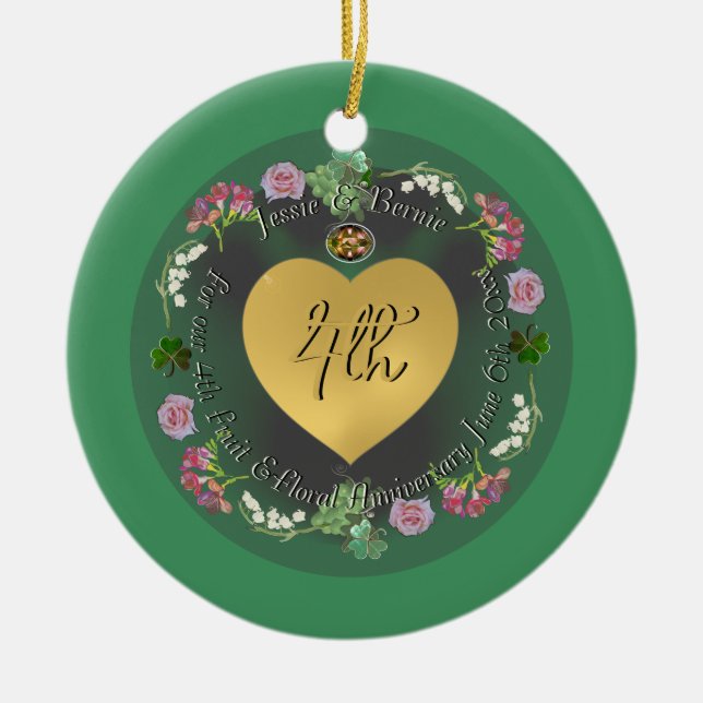Ornamento De Cerâmica Aniversário de Casamento Floral e Fruta 4º +Foto (Frente)
