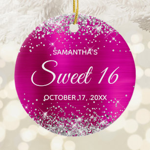 Ornamento De Cerâmica Aniversário de Sweet 16 com Brilho Prateado e Folh