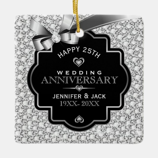 Ornamento De Cerâmica Aniversário do Casamento 25 Silver dos Ouros Branc (Frente)