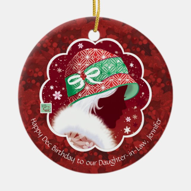 Ornamento De Cerâmica Aniversário do dezembro da nora, menina de Red Hat (Frente)