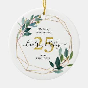 Ornamento De Cerâmica Aniversário do Dourado Verde Personalizado 25
