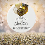 Ornamento De Cerâmica Aniversário dos balões-leopardo-de-ouro branco<br><div class="desc">Um ornamento para um aniversário de 18 anos (ou qualquer idade) feminino e glamouroso. Um fundo branco com padrão-leopardo-ouro impresso balões. Personalize e adicione uma data,  um nome e uma idade.</div>