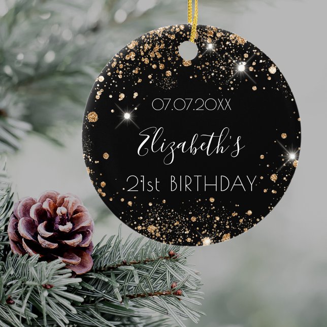 Ornamento De Cerâmica Aniversário dourado preto dourado brilhante nome d (Criador carregado)