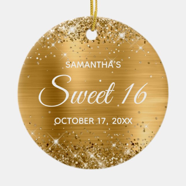 Ornamento De Cerâmica Aniversário Glittery Gold Foil Sweet 16 (Frente)