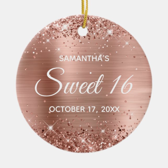 Ornamento De Cerâmica Aniversário Glittery Rosa Gold Foil Sweet 16 (Frente)