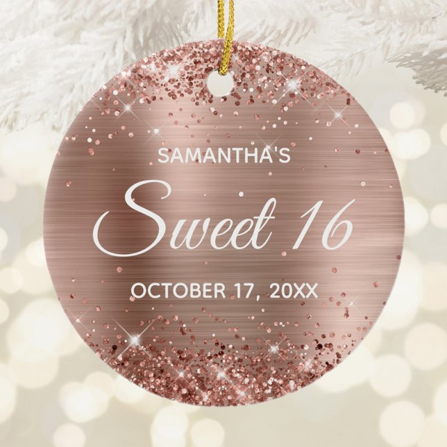 Ornamento De Cerâmica Aniversário Glittery Rosa Gold Foil Sweet 16 (Glittery Rose Gold Foil Sweet 16 Birthday Ceramic Ornament)