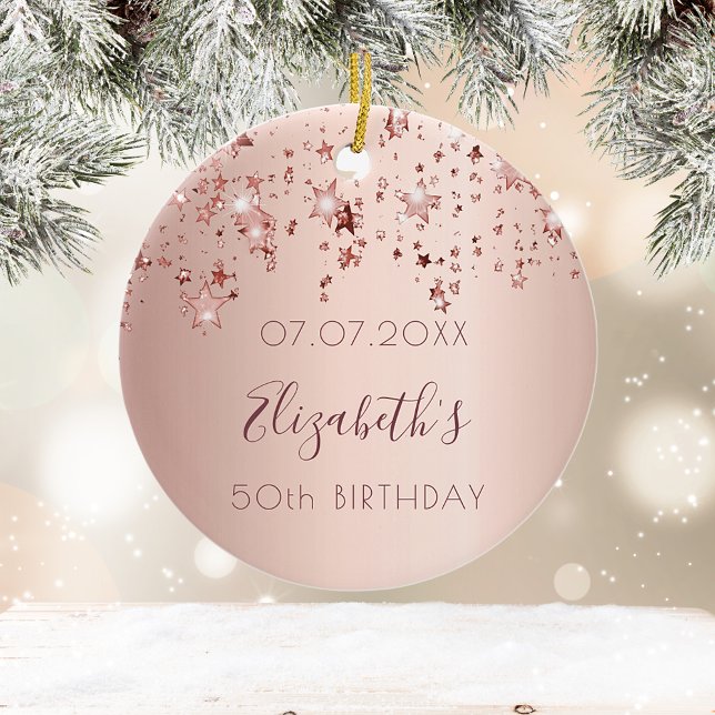 Ornamento De Cerâmica Aniversário rosa ouro brilhante estrelas brilhante (Criador carregado)