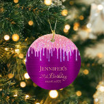 Ornamento De Cerâmica Aniversário roxo, cor-de-rosa obrigado<br><div class="desc">Elegante, clássico, glamouroso e feminino para um aniversário de 21ruas (ou qualquer idade). Uma película metálica fina e roxa com aspecto de fundo. O texto: aniversário de 21 anos e Obrigado, escrito com um moderno estilo escrito à mão. Decorado com pingos de brilho fino coloridos do arco-íris, pingos de tinta...</div>