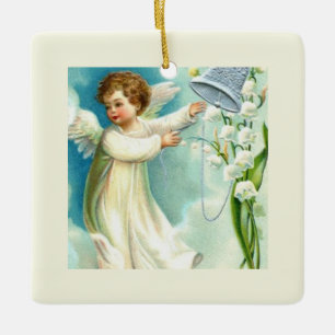 Ornamento De Cerâmica Anjo Bebê Com Sino Azul 