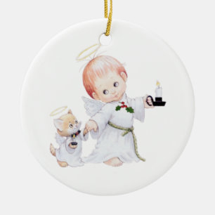 Ornamento De Cerâmica Anjo bonito e gato do bebê