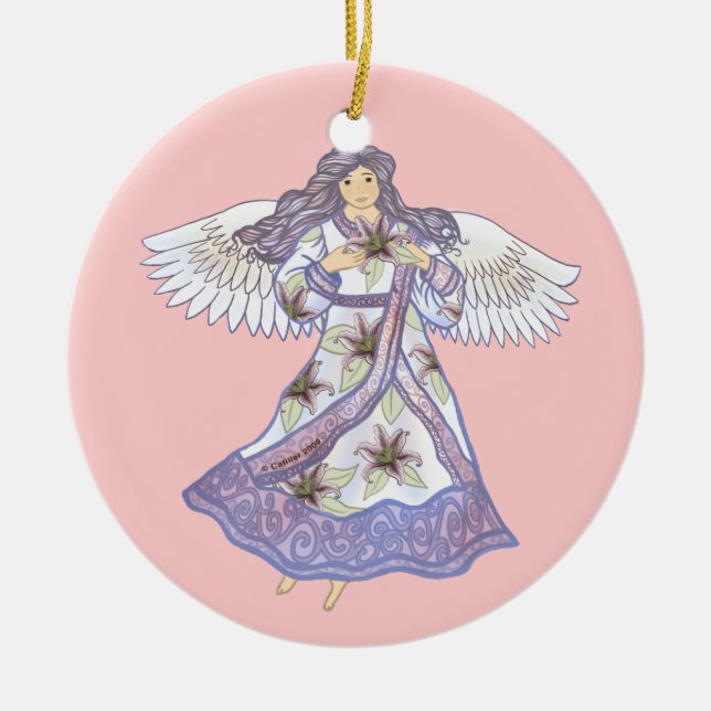 Ornamento De Cerâmica Anjo da flor da lilly cristã (Frente)