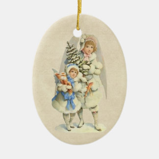 Ornamento De Cerâmica Anjo-da-guarda do vintage com árvore & menina