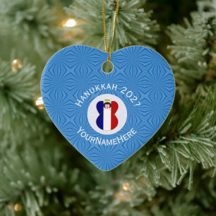 Ornamento De Cerâmica Anjo da Hanukkah com Bandeira Francesa Nome Ano Co