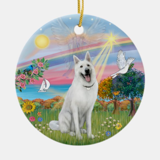 Ornamento De Cerâmica Anjo das Nuvens - Pastor Alemão Branco (Frente)