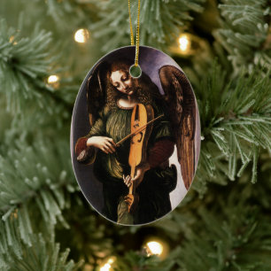 Ornamento De Cerâmica Anjo de Leonardo da Vinci em Verde com uma Viela