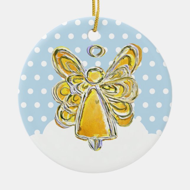 Ornamento De Cerâmica Anjo De Natal Amarelo Tocando Em Neve (Frente)