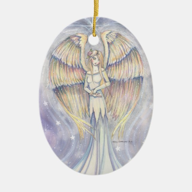 Ornamento De Cerâmica Anjo de Natal com Asas Douradas (Frente)