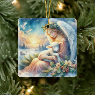 Ornamento De Cerâmica Anjo de Natal com Cordeiro em Paz Invernal