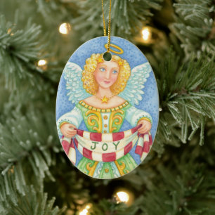 Ornamento De Cerâmica Anjo de Natal de desenho animado fofo com auréola