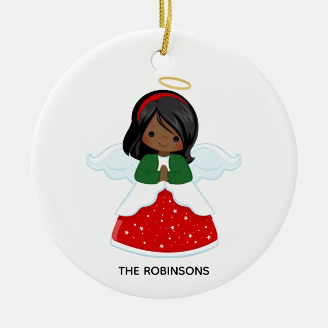 Ornamento De Cerâmica Anjo de Natal de Menina Americana (Frente)