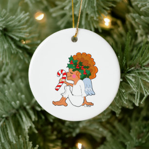 Ornamento De Cerâmica Anjo de Natal do Cartoon com o Ornament de Cane Do