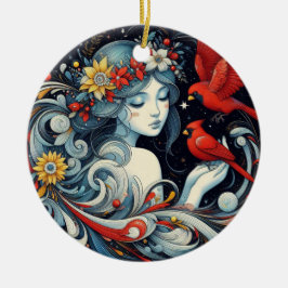 Ornamento De Cerâmica Anjo de Natal e Cardinhos