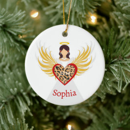 Ornamento De Cerâmica Anjo de Natal Red Heart Leopard Wings Nome Present