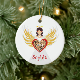 Ornamento De Cerâmica Anjo de Natal Red Heart Leopard Wings Nome Present