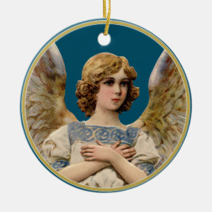 Ornamento De Cerâmica Anjo de Natal Vintage Escuro Teal Mensagem de Féri