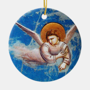 ORNAMENTO DE CERÂMICA ANJO DE NATAL VOANTE NO CÉU AZUL, COROA FLORAL