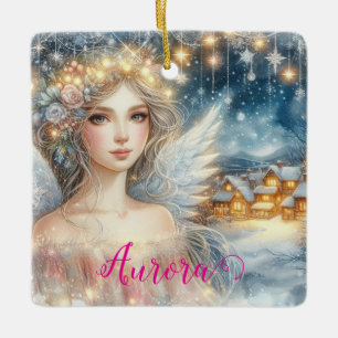 Ornamento De Cerâmica Anjo de Neve Festivo Dourado Aquarela Etéreo Gelo
