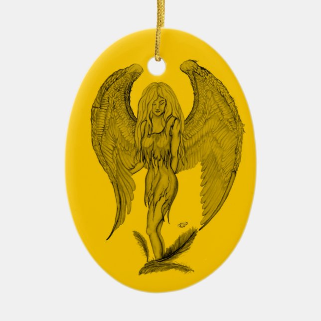 Ornamento De Cerâmica Anjo Desenho preto e amarelo (Frente)