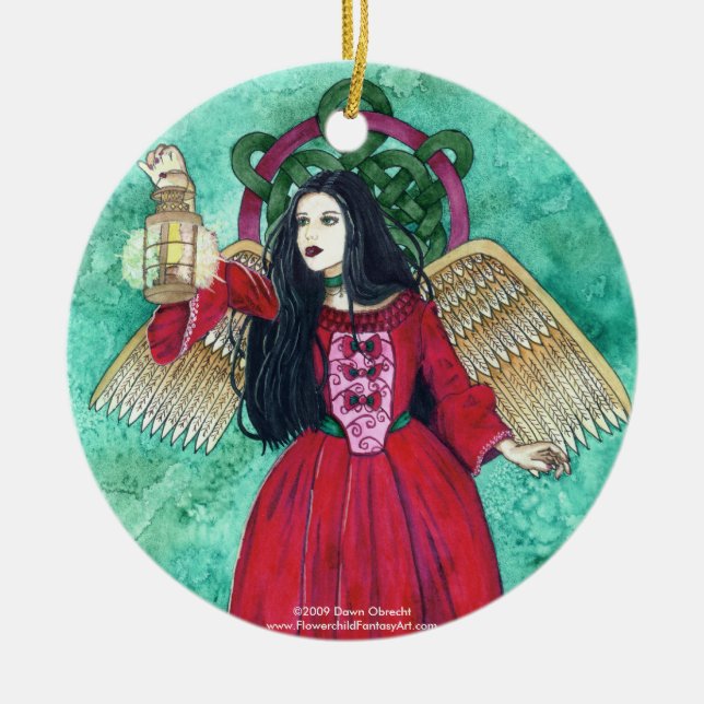 Ornamento De Cerâmica Anjo do ` da luz de Natal, ©2009 alvorecer Obrec… (Frente)