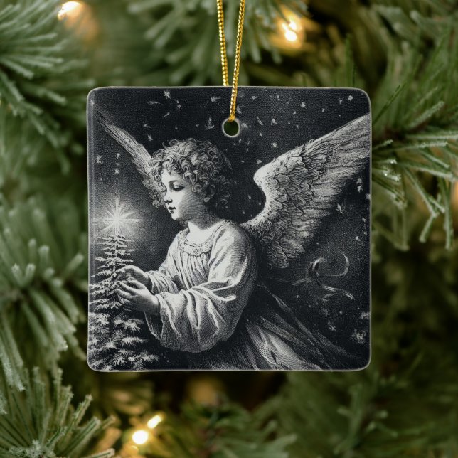 Ornamento De Cerâmica Anjo e Árvore de Natal no Fundo e Branco (Árvore)