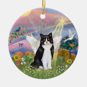 Ornamento De Cerâmica Anjo em Nuvem - Anjo de Gato Preto e Branco