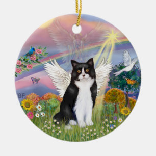 Ornamento De Cerâmica Anjo em Nuvem - Anjo de Gato Preto e Branco