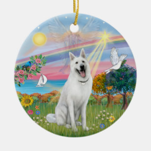 Ornamento De Cerâmica Anjo em Nuvem - German shepherd Branco